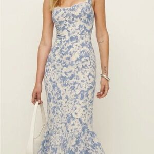 Reformation One Shoulder Blue and White Dress